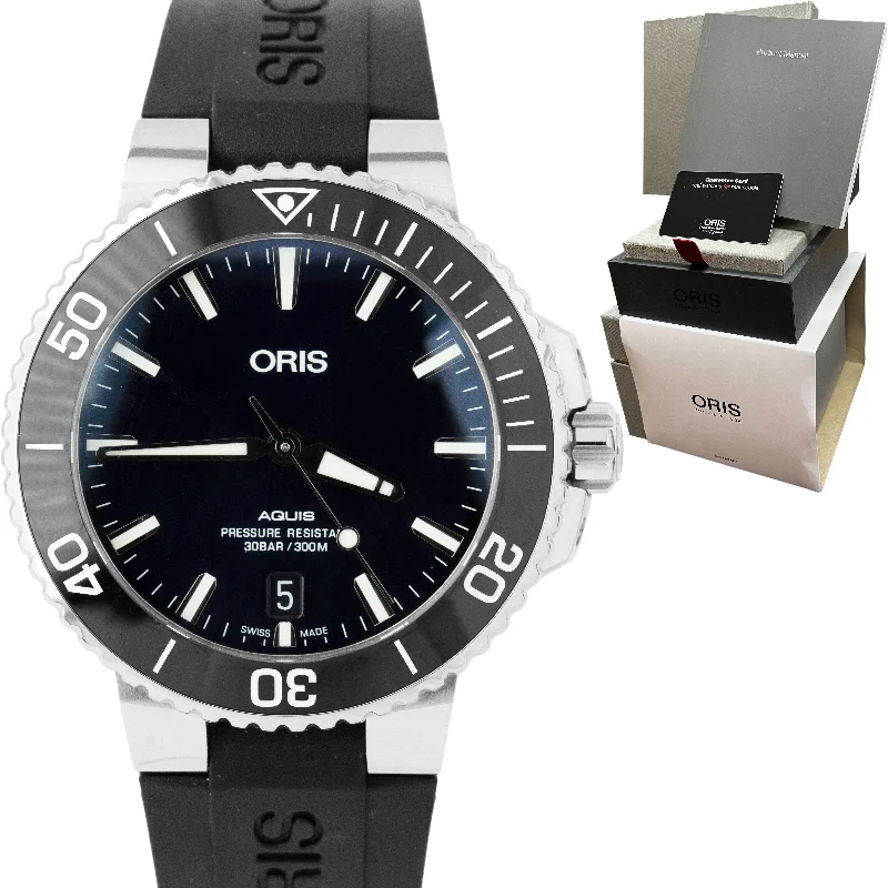 Men's watches with polished steel cases and leather bands for a sophisticated and timeless accessory -Oris Aquis Blue 39mm Steel Dive Watch 01 733 7732 4135-07 4 21 64FC BOX CARD