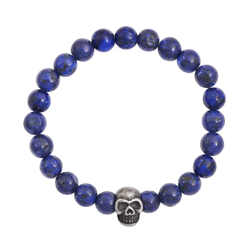 Hand-forged bracelets showcasing raw metal beauty -Oxidized Silver Skull Lapis Bracelet