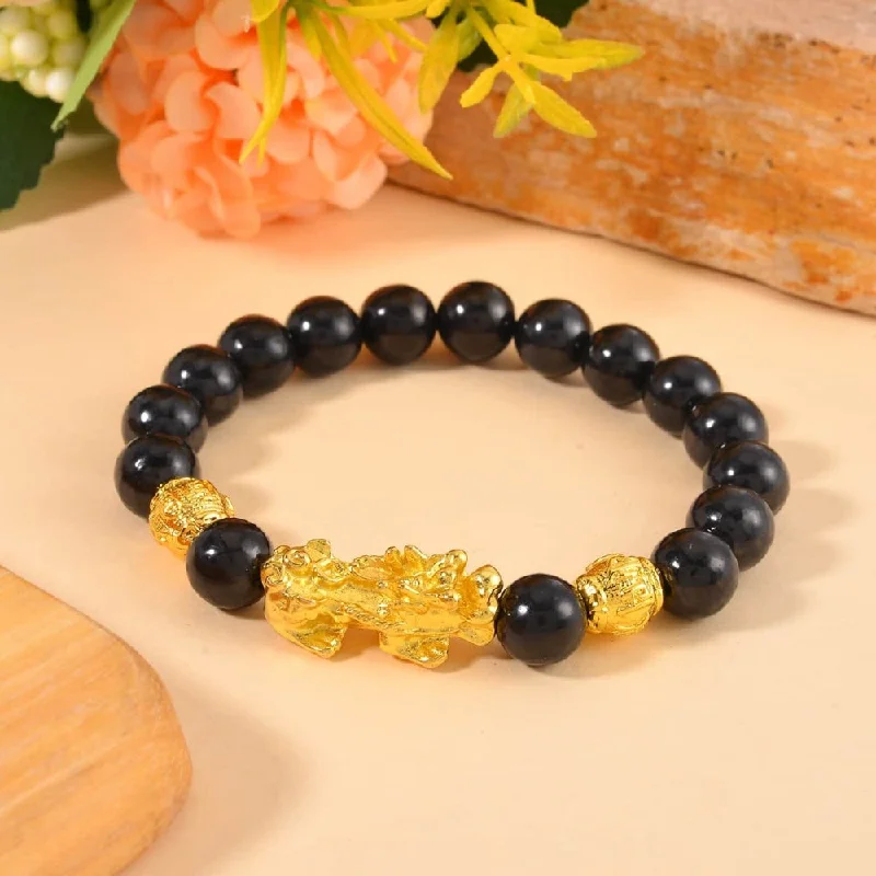 Stretchy beaded bracelets fitting any wrist size -Pixiu Feng Shui Shungite Beaded Bracelet