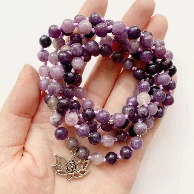 Radiant zircon bracelets swaying with brilliance -Purple Lepidolite Crystal Beaded Meditation Bracelet