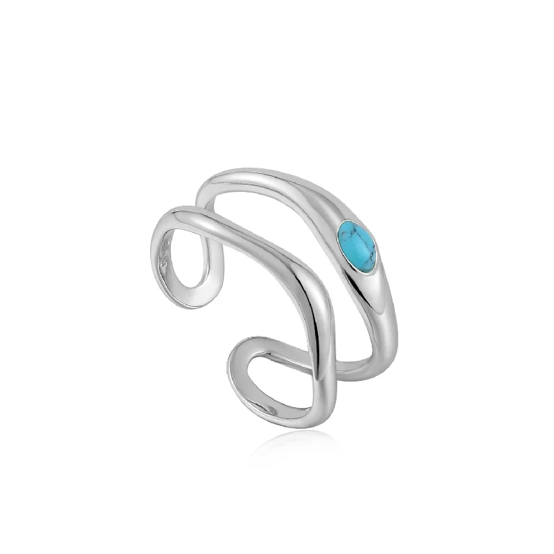 Lunar moonstone gemstone rings with dreamy shine -Turquoise Wave Double Band Adjustable Ring