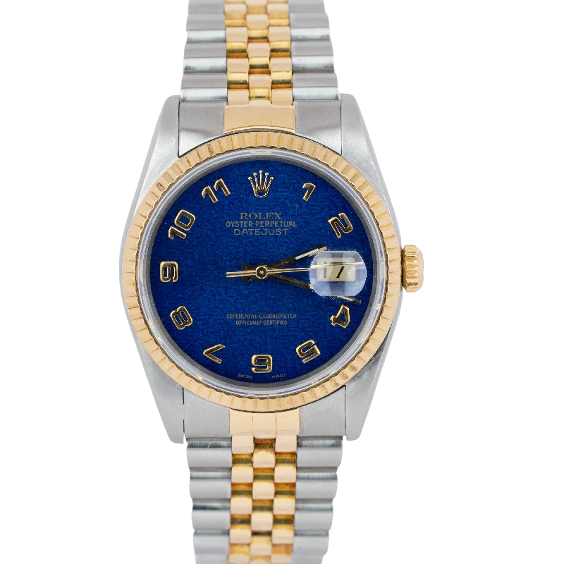 Elegant men's watches with gold-tone bands and classic Roman numerals for luxury appeal -RARE Rolex DateJust 36mm BLUE ARABIC JUBILEE 18K Yellow Gold Steel Watch 16233