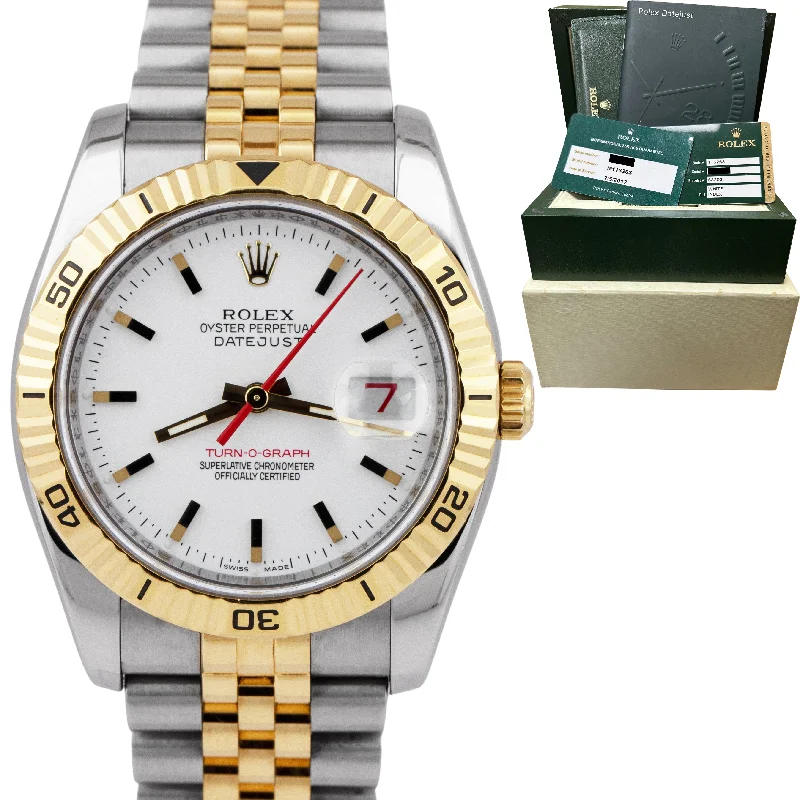 Durable men's watches with a rugged design and scratch-resistant features for ultimate protection -Rolex DateJust 116263 Turn-O-Graph 36mm White Thunderbird Two-Tone Watch RSC