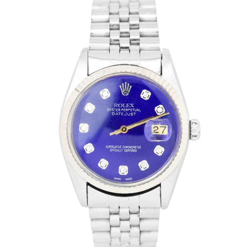 Men's watches with classic leather straps and stainless steel cases for a sophisticated appearance -Rolex DateJust 36mm 16014 Blue Diamond Dial Jubilee 18K White Gold Steel Watch