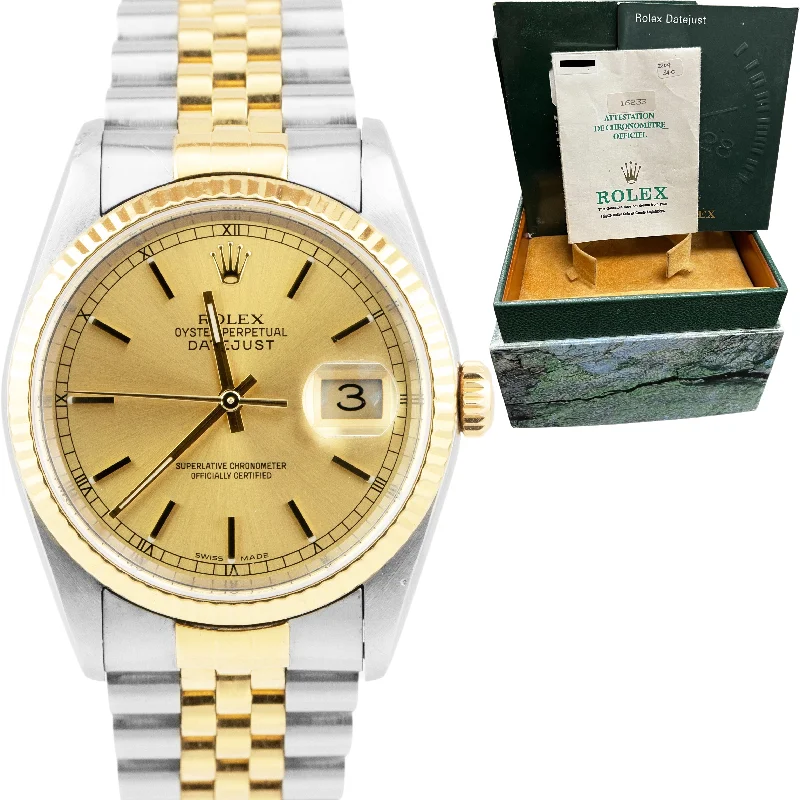 Vintage-inspired men's watches with leather bands and retro designs for nostalgic appeal -Rolex DateJust 36mm 18K Gold Steel No-Holes Case Champagne Watch 16233 PAPERS