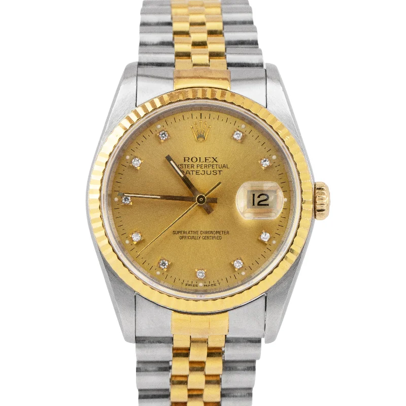 Men's watches with military-inspired designs and robust cases for durability and strength -UNPOLISHED Rolex DateJust 36mm Champagne Diamond Dial 18K Gold Steel Watch 16233