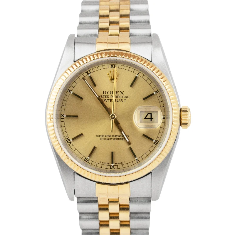 Men's watches with chronograph features for precision timing during sports or activities -Rolex DateJust 36mm Champagne NO-HOLES 18K Gold Stainless Steel Watch 16233