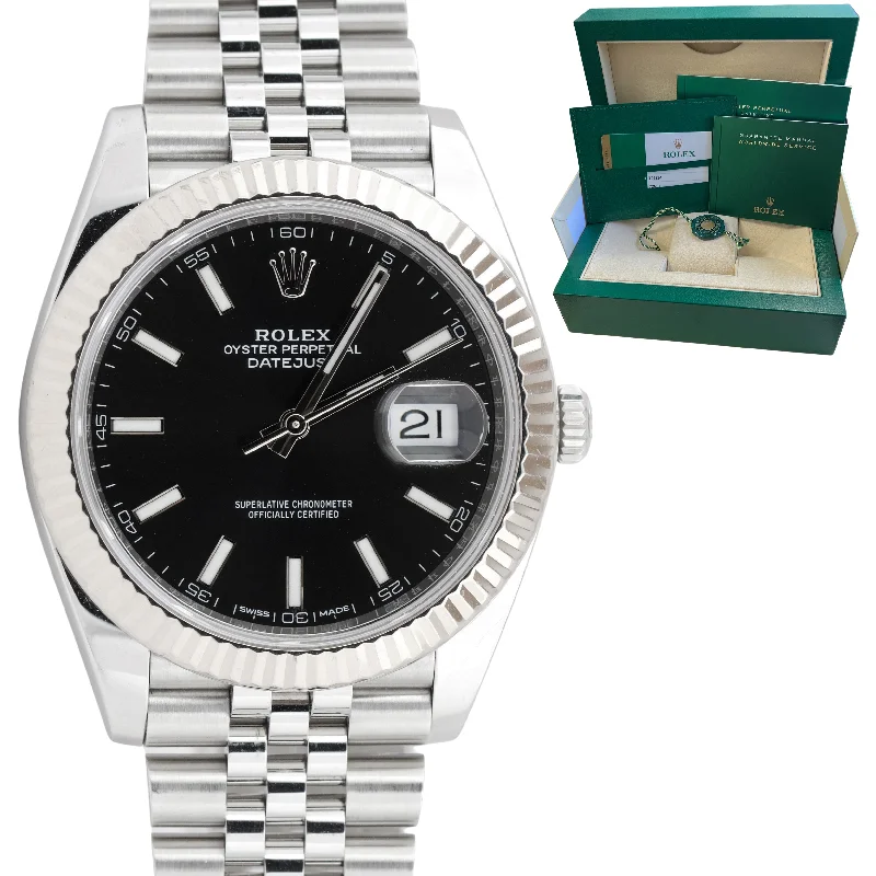 Men's watches with a combination of leather and metal bands for a unique, trendy style -Rolex DateJust BLACK Stainless Steel White Gold Fluted JUBILEE 126334 41mm Watch