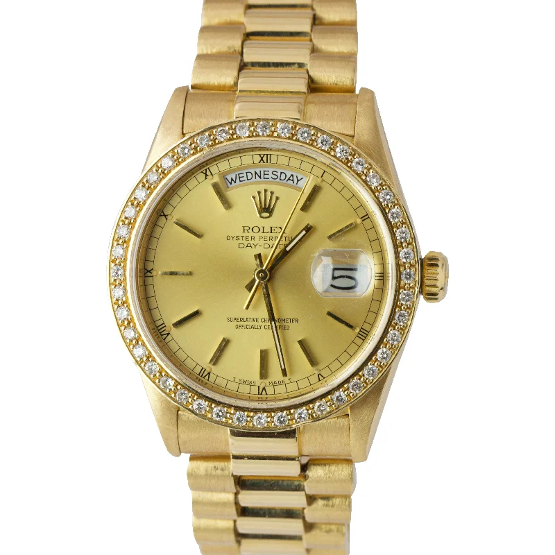 Men's watches with modern rubber straps and multi-function displays for convenience and performance -Rolex Day-Date President 18038 Diamond Champagne 36mm 18K Yellow Gold Watch