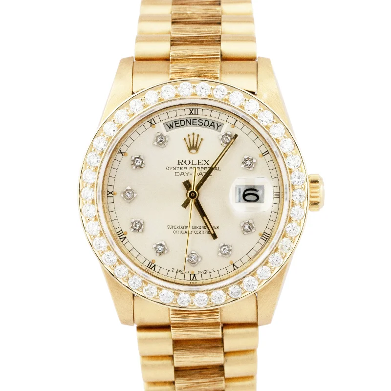 Classic men's watches with a two-tone design and polished steel finish for elegance and sophistication -Rolex Day-Date President 36mm Silver DIAMOND Bark 18K Yellow Gold Watch 18078