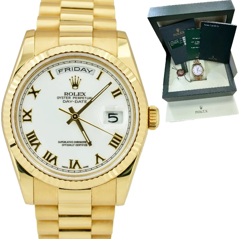 Elegant men's watches with silver-tone bands and understated designs for a timeless appeal -Rolex Day-Date President REHAUT BIG Buckle 36mm 18K Gold White Watch 118238 CARD