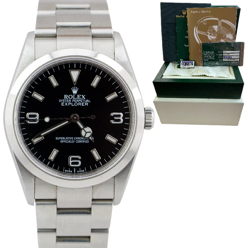 Elegant men's watches with silver-tone bands for a timeless and refined appearance -2008 PAPERS Rolex Explorer I Black 36mm REHAUT 3-6-9 Oyster Steel Watch 114270