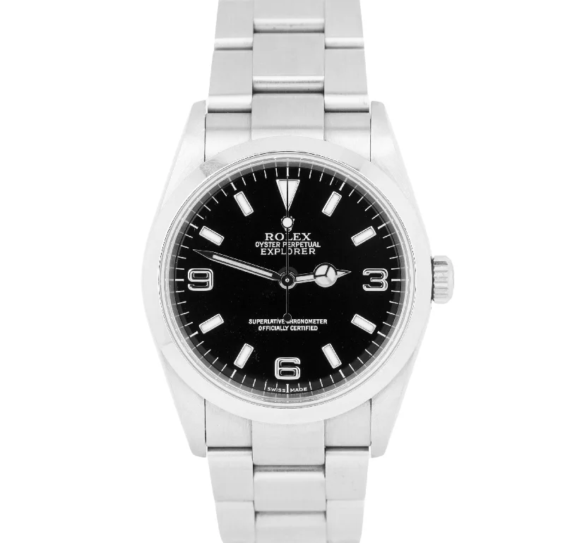 Sophisticated men's watches with gold accents and leather bands for a luxurious, formal look -Rolex Explorer I BLACK Dial 36mm 3-6-9 Oyster Stainless Steel Watch 114270