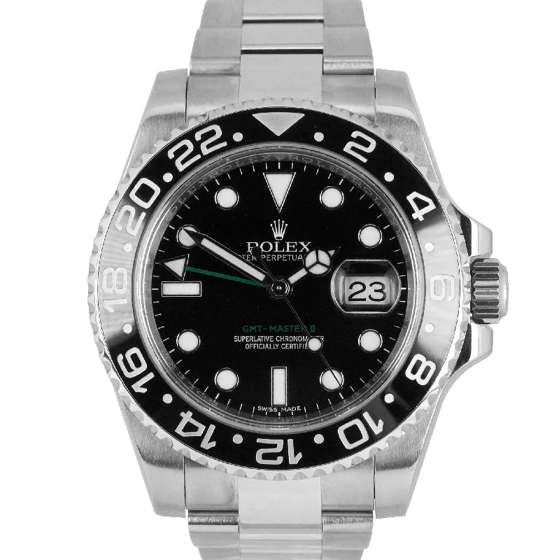 Luxury men's watches with stainless steel bands for a sleek and elegant appearance -Rolex GMT-Master II Black 40mm Ceramic 116710 LN Stainless Steel Automatic Watch