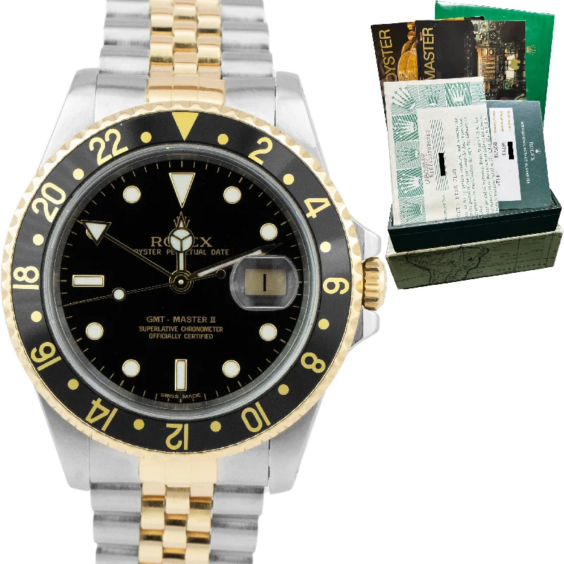 Men's military watches with tactical designs and rugged durability for active outdoor use -Rolex GMT-Master II Black 40mm Two Tone Gold Steel Jubilee Watch 16713 PAPERS