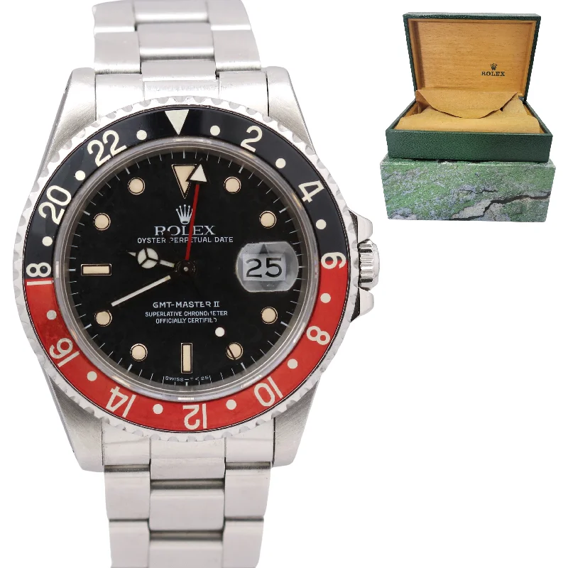 Men's watches with durable ceramic cases for a scratch-resistant and luxurious look -Rolex GMT-Master II Patina Creamy Coke Red Black Stainless 16710 T 40mm Watch