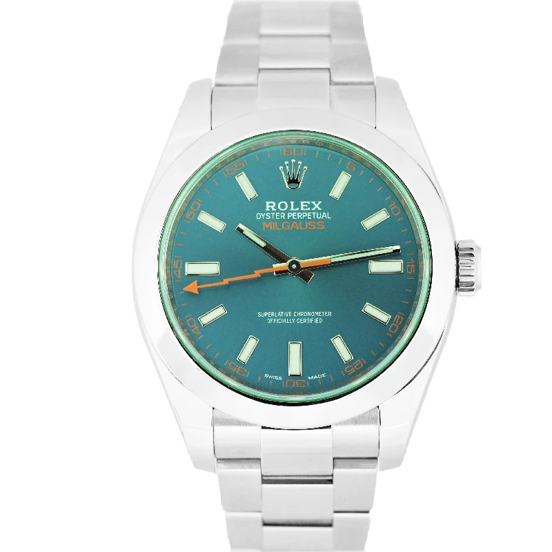 Luxury men's watches with Swiss movements for high-quality craftsmanship and accuracy -Rolex Milgauss Z-Blue Green Anniversary Stainless 40mm 116400 GV Watch