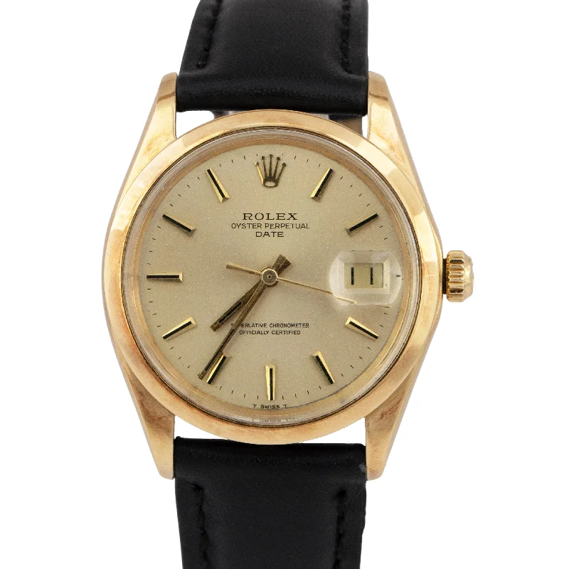 Men's automatic watches with self-winding movements for a traditional and reliable timepiece -Rolex Oyster Perpetual Date 34mm Champagne 18K Gold Leather Strap Watch 1500