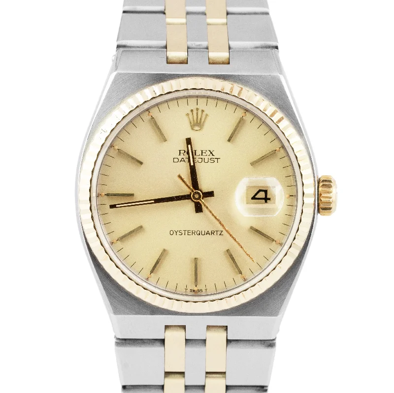 Men's watches with luminous hands and markers for visibility in low-light environments -Rolex Oysterquartz DateJust Two-Tone 18K Yellow Gold Stainless Steel Watch 17013