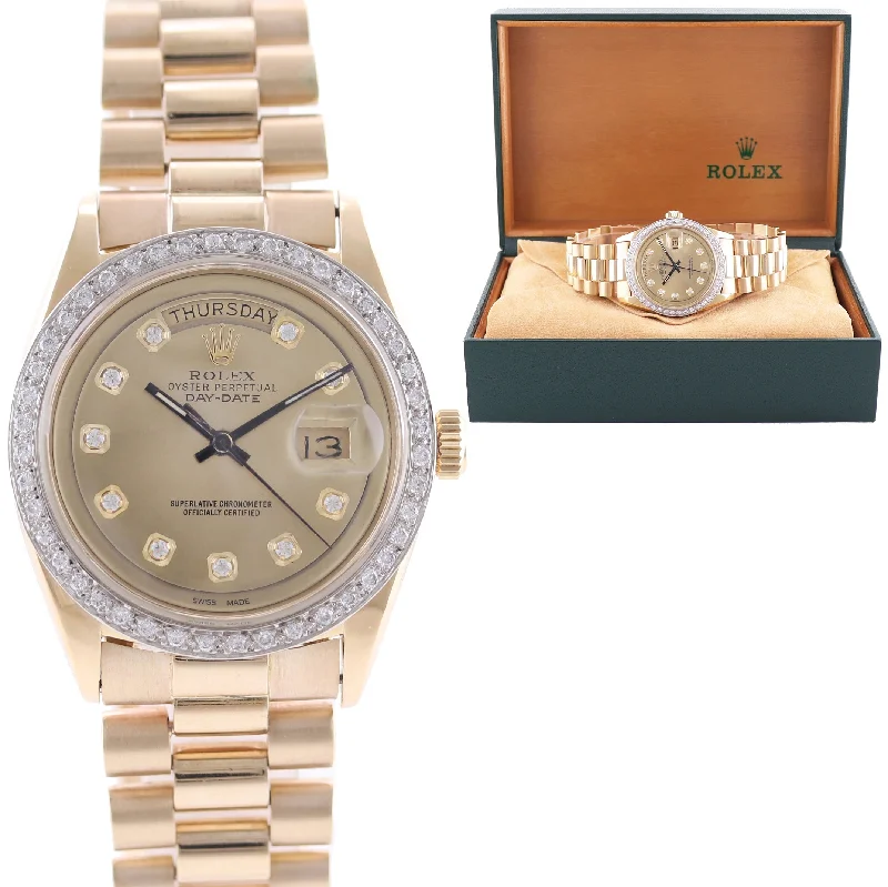 Durable men's watches with a rugged design and scratch-resistant features for ultimate protection -Copy of Rolex President Day Date Champagne 1803 Diamond Bezel Yellow Gold Watch Box