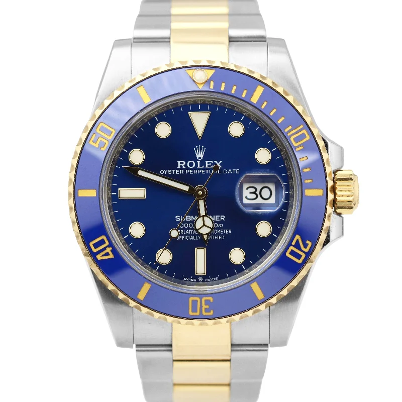 Sporty men's watches with bold designs and durable materials for athletic and adventurous activities -Rolex Submariner Bluesy Two-Tone Yellow Gold Blue Steel 126613 LB 41mm Watch