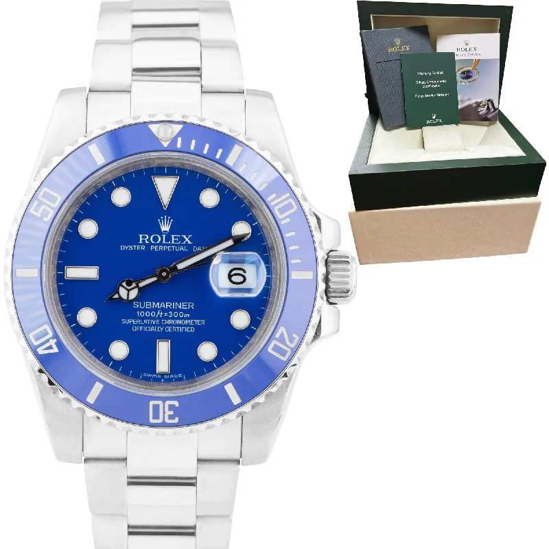 Luxury men's watches with sleek black dials and polished stainless steel cases for elegance -Rolex Submariner Date Ceramic 18K White Gold Smurf Blue 40mm Watch 116619 BOX