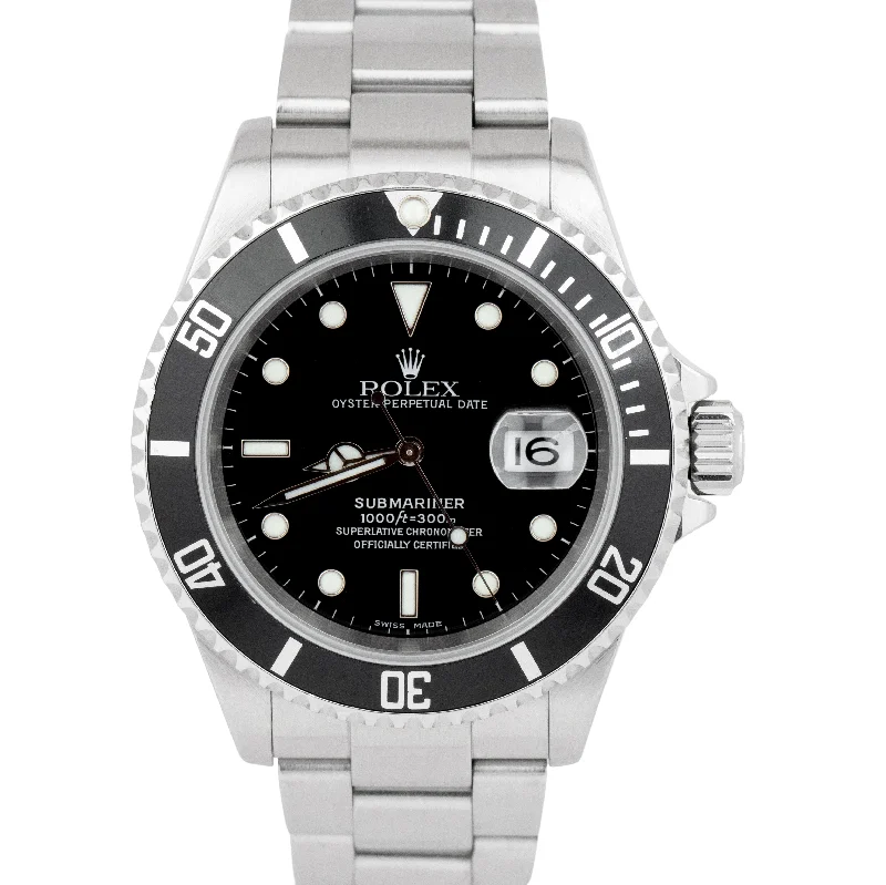 Men's watches with oversized dials and large numerals for bold, attention-grabbing fashion -Rolex Submariner Date Stainless Steel Black NO-HOLES Automatic Watch 16610