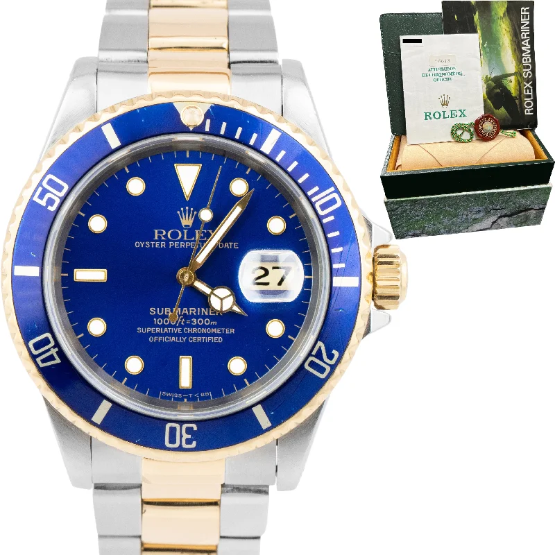 Sporty men's watches with rugged rubber bands and bold faces for active individuals -Rolex Submariner Two-Tone 18K Gold Stainless Blue 40mm Watch 16613 BOX PAPERS