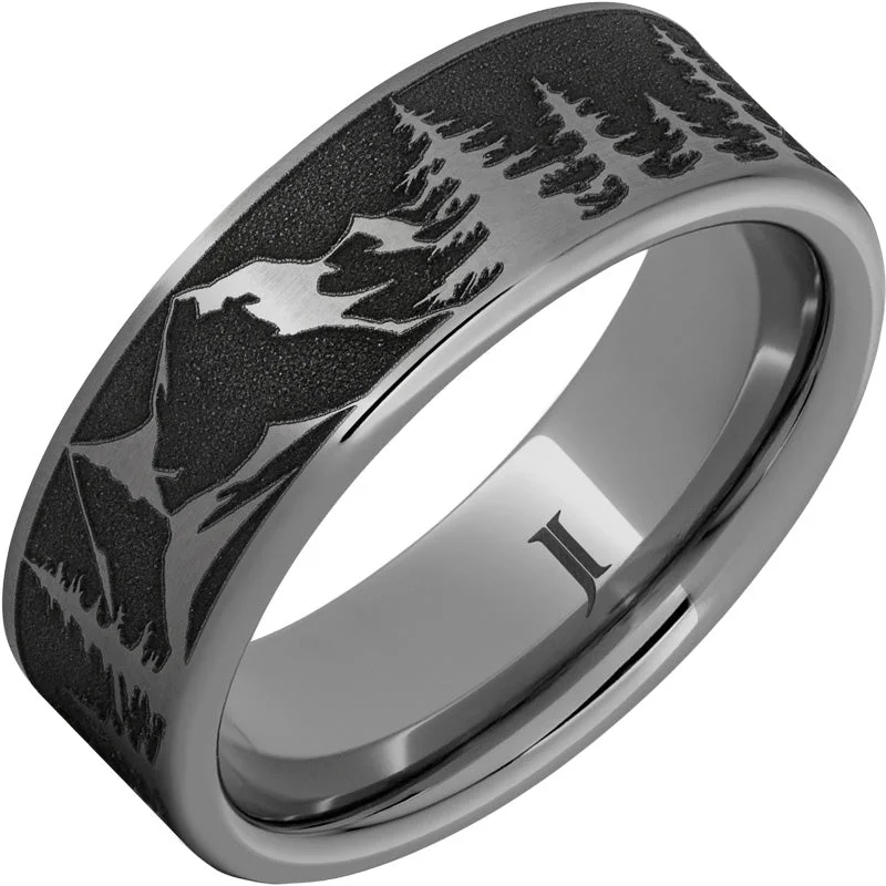 Sparkling diamond gemstone rings marking eternal love -Rugged Tungsten™ Mountain Pine Forest Scene Ring