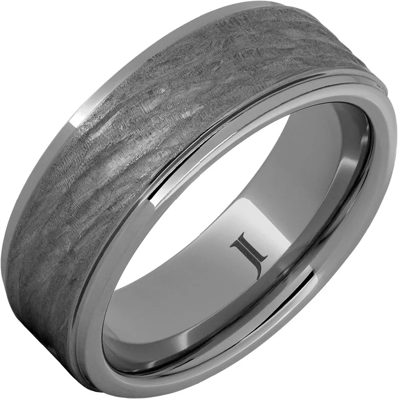 Gentle aquamarine gemstone rings with pale blue -Rugged Tungsten™ Ring with Hard Carved Bark Finish