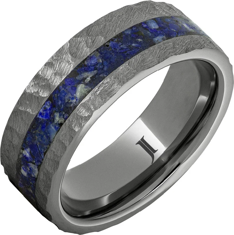 Refined pearl gemstone rings for polished elegant style -Rugged Tungsten™ Ring with Lapis Lazuli Inlay and Moon Crater Finish