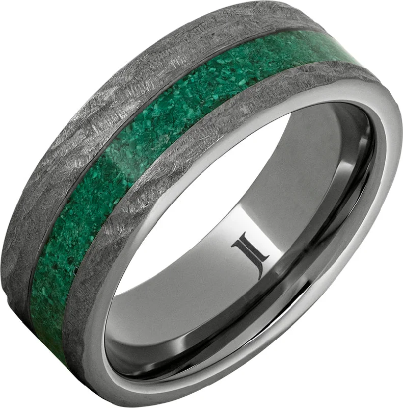 Rich garnet gemstone rings ideal for festive nights -Rugged Tungsten™ Ring with Malachite Inlay and Bark Finish