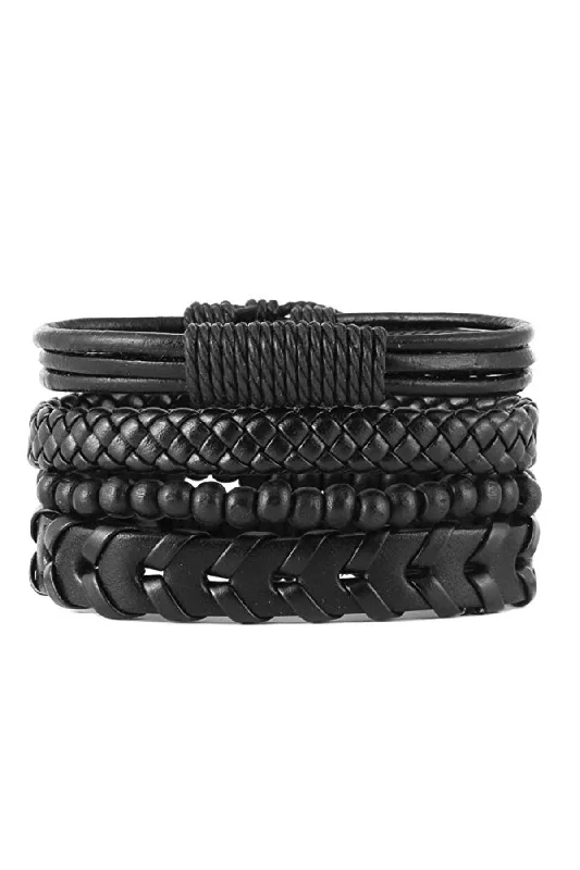 Radiant quartz bangles amplifying light and style -Set of 4 Black Leather Woven Bracelets