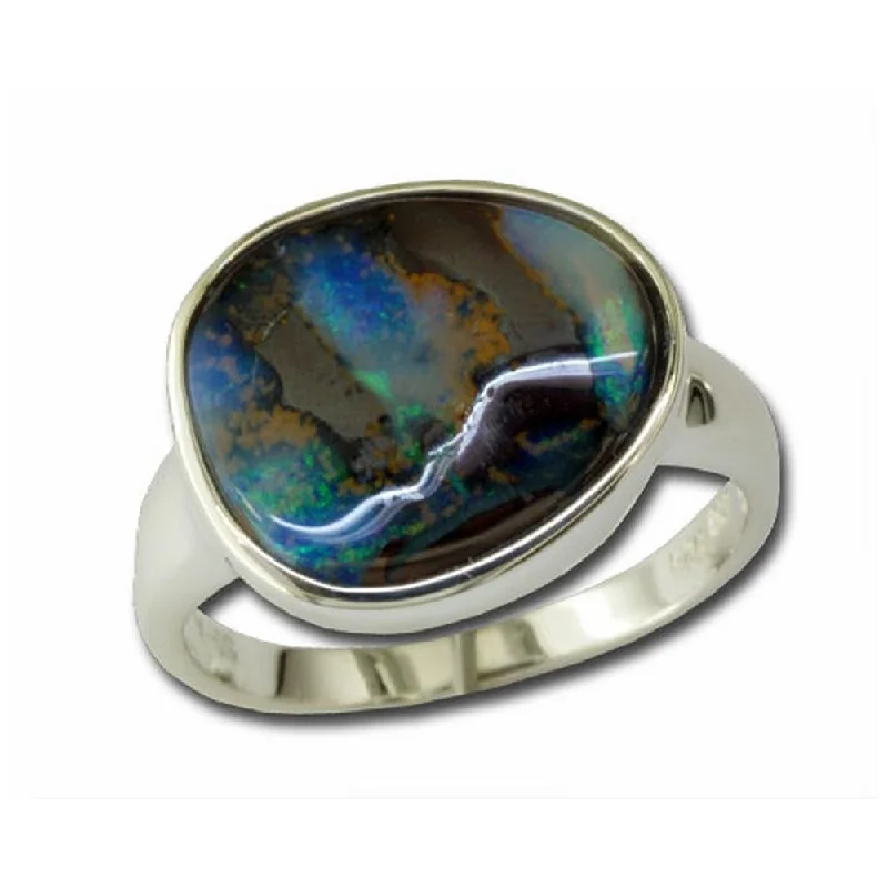 Iridescent opal gemstone rings with color shift -Sterling Silver Opal Boulder Ring