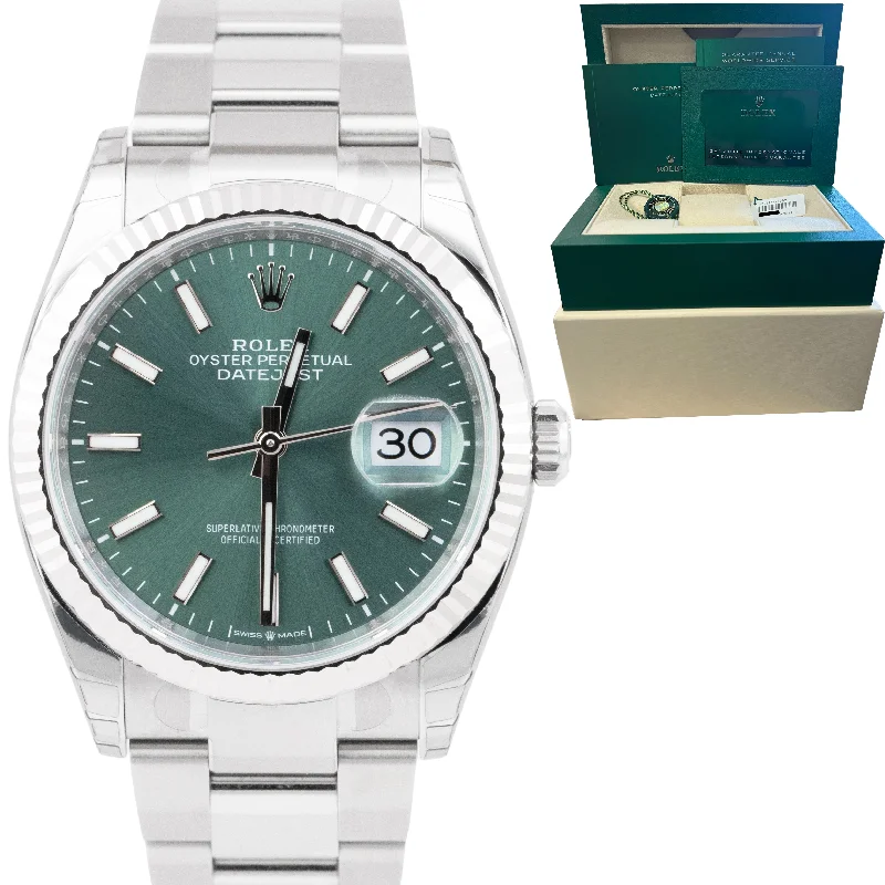 Bold men's watches with oversized faces and large numerals for a statement-making accessory -STICKERED 2022 Rolex DateJust 36mm Mint Green Steel 18K Gold Oyster Watch 126234