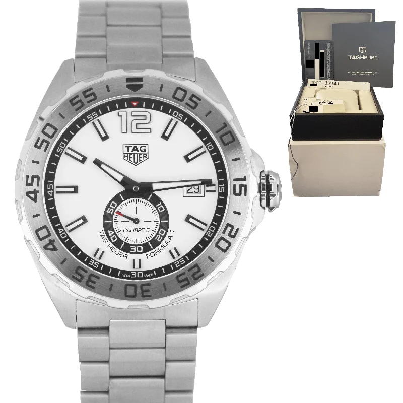 Modern men's watches with square faces and unique designs for a stylish and edgy look -Tag Heuer Formula 1 Stainless 43mm White Automatic WAZ2013.BA0842 Watch B&P