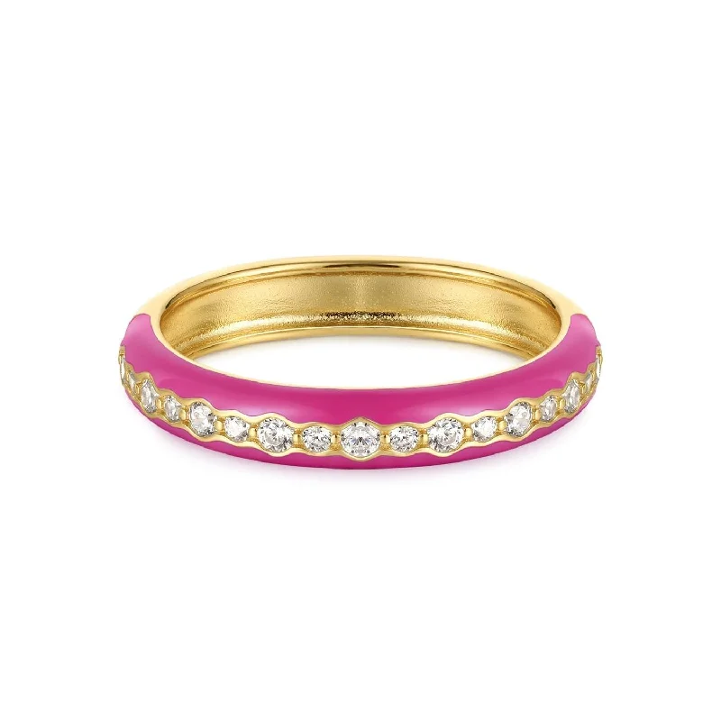 Luxurious diamond gemstone rings paired with gold bands -Thin Pink Enamel & Cz Channel Ring