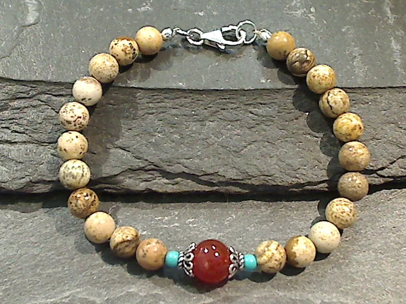 Bold aventurine bangles with subtle green shimmer -7.5" Jasper, Carnelian, Turquoise, Sterling Silver Bracelet