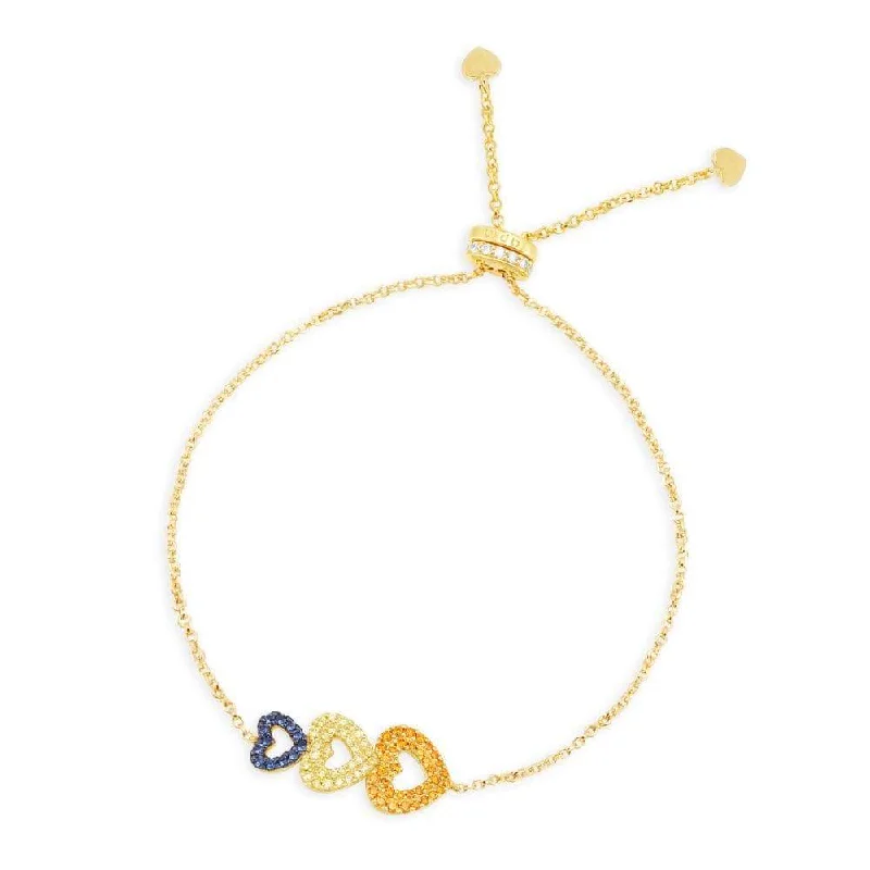 Luxurious leather bracelets perfect for edgy wrist style -Triple Heart Adjustable Bracelet - Yellow Silver