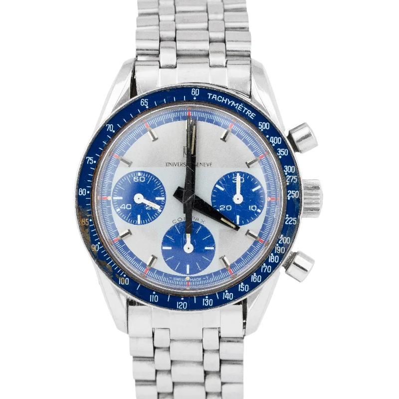 Stylish men's watches with mesh straps and minimalist designs for a contemporary, urban look -Universal Geneve Compax Nina Rindt Blue Stainless Steel 36mm Watch 885.107