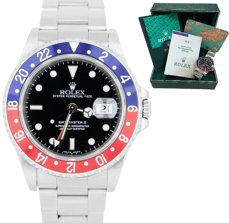 Innovative men's watches with smart technology like fitness tracking and mobile notifications -UNPOL. 2000 Rolex GMT-Master II 40mm 16710 Blue Red PEPSI Steel Watch PAPERS BOX