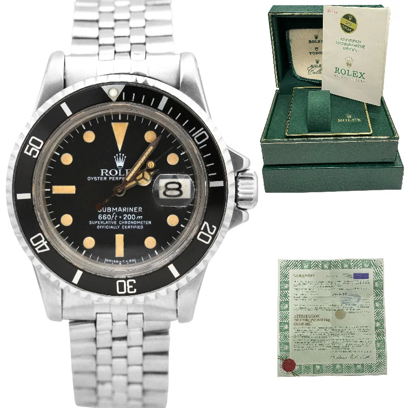 Limited edition men's watches with unique designs for collectors and watch enthusiasts -Vintage 1979 Rolex Submariner Stainless Yellow Patina Black Dial 40mm 1680 Watch