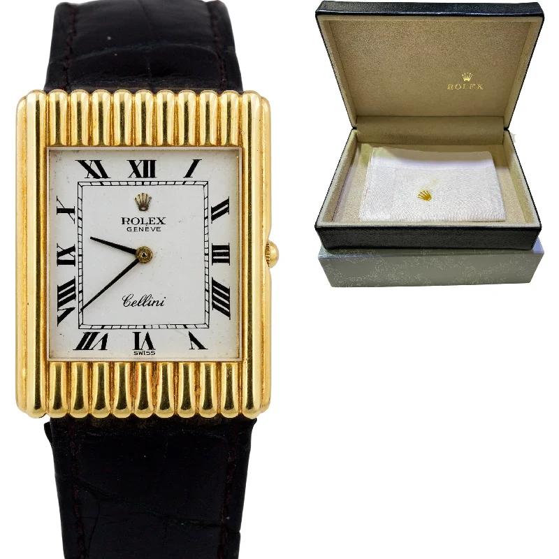 Men's watches with classic designs and gold-tone finishes for a refined and fashionable look -Vintage Rolex Cellini Classic White 18K Yellow Gold Leather Manual 4016 Watch