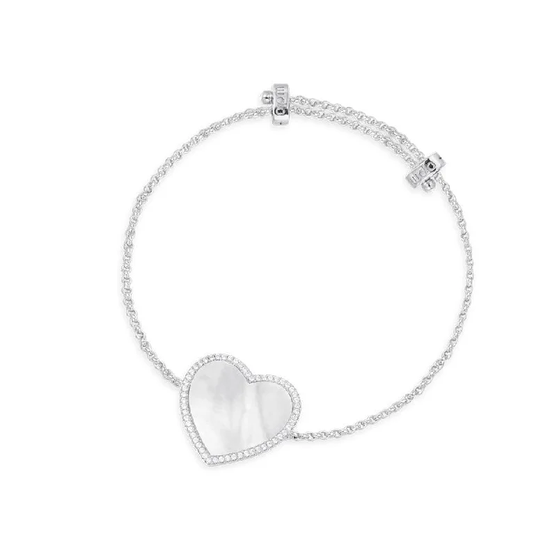 Warm citrine bangles for golden dangling cheer -White Nacre Heart Adjustable Bracelet - silver