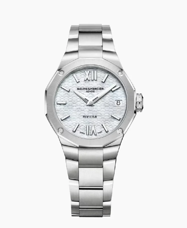 Men's wristwatches with minimalist designs and slim profiles for a sleek, modern look -BAUME & MERCIER-Riviera 10729

QUARTZ WATCH, DATE DISPLAY, DIAMOND-SET - 33MM M0A10729