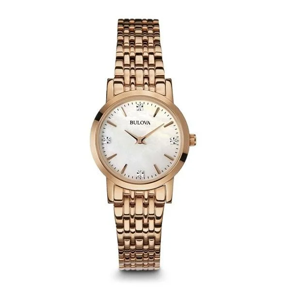 Durable men's watches with rubber or silicone bands for comfort and long-lasting wear -BULOVA 97P106 LADIES DIAMOND GALLERY ROSE STEEL BRACELET WATCH