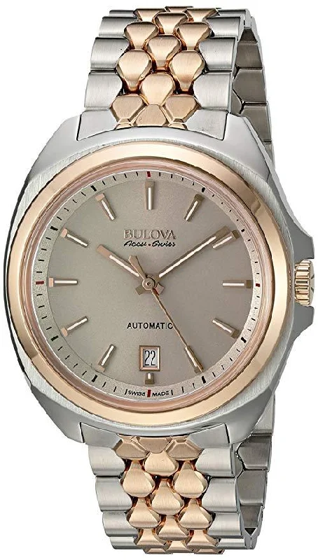 Men's watches with dual time zone features for international travelers and frequent flyers -BULOVA ACCU SWISS MEN'S 65B159 ROSE GOLD AND SILVER DRESS WATCH