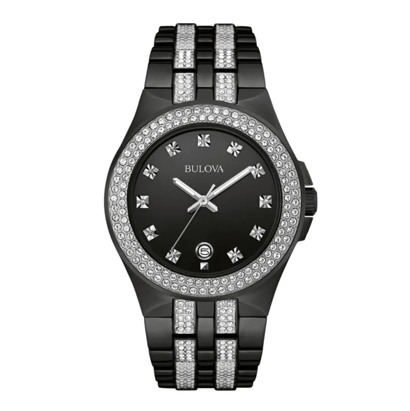 Men's luxury watches with intricate mechanical movements for true watch connoisseurs -BULOVA CRYSTAL ACCENT BLACK IP WATCH 98B251