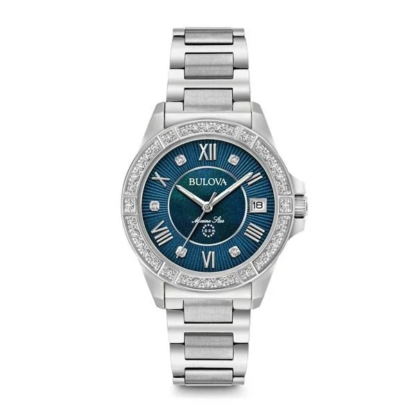 Modern men's watches with sleek, metallic finishes and minimalist dials for a stylish, everyday look -BULOVA WOMEN'S 32MM BLUE MARINE STAR STAINLESS STEEL AND DIAMOND BRACELET WATCH 96R215