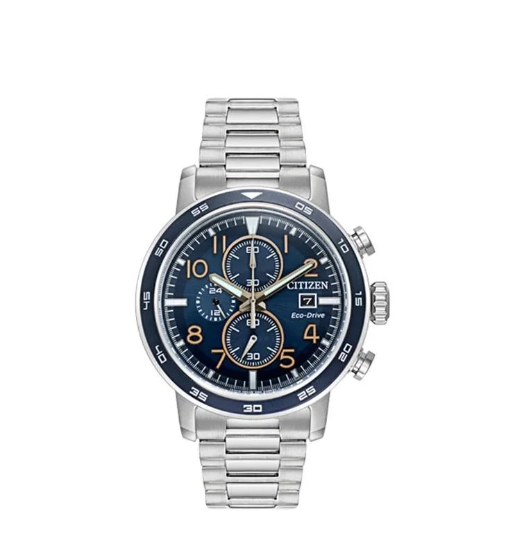 Men's automatic watches with skeleton dials for a view of intricate inner movements and craftsmanship -Citizen - Eco Drive Mens Silver Chronograph Stainless Steel Band Blue Sunray Quartz Dial Watch - CA0647-52L